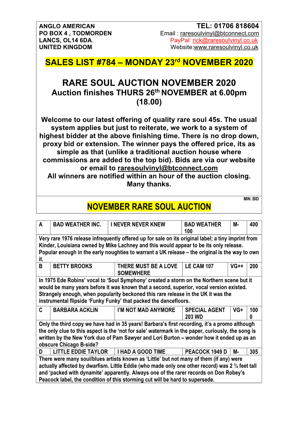 November Rare Soul Auction & a Bad Weather Inc