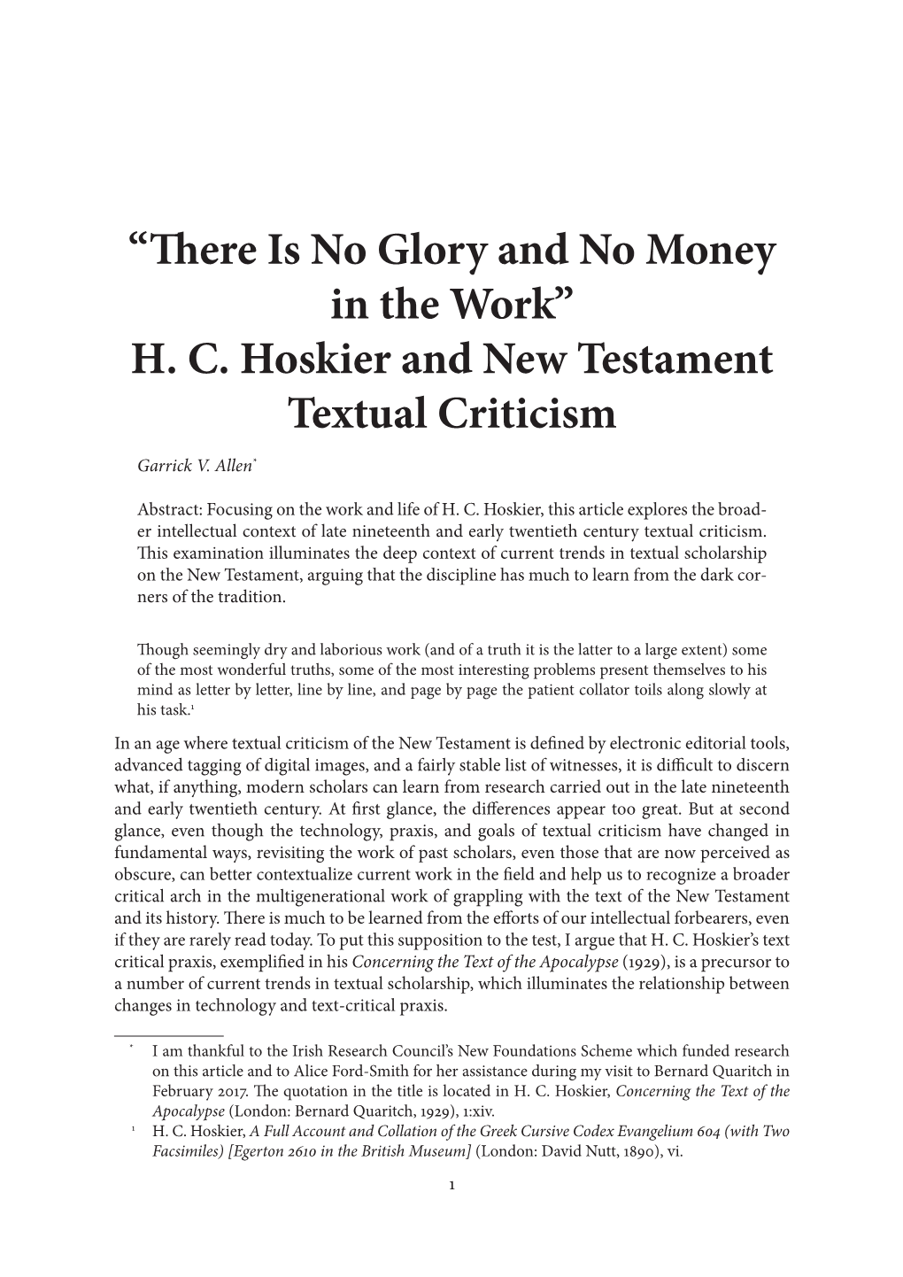 H. C. Hoskier and New Testament Textual Criticism Garrick V