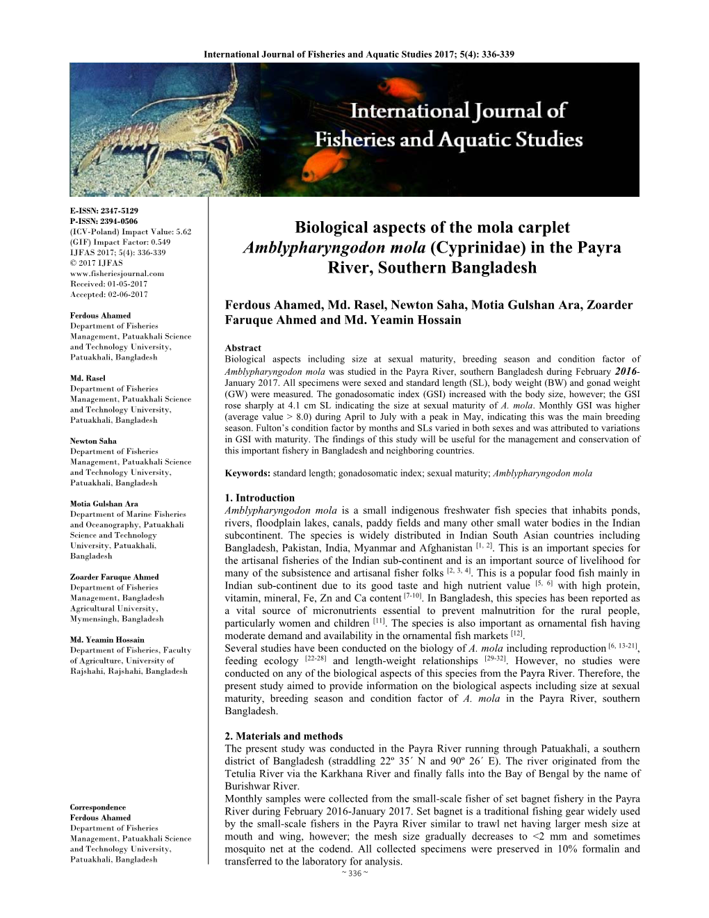 Biological Aspects of the Mola Carplet Amblypharyngodon Mola