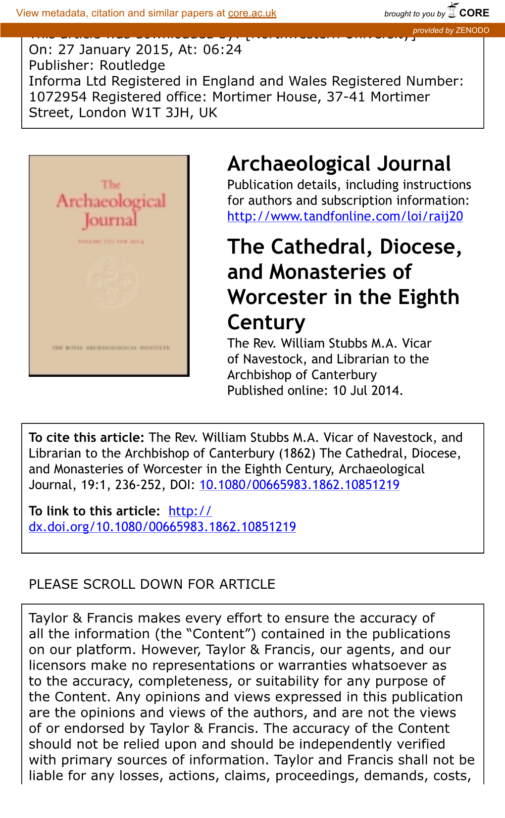 Archaeological Journal the Cathedral, Diocese, and Monasteries Of