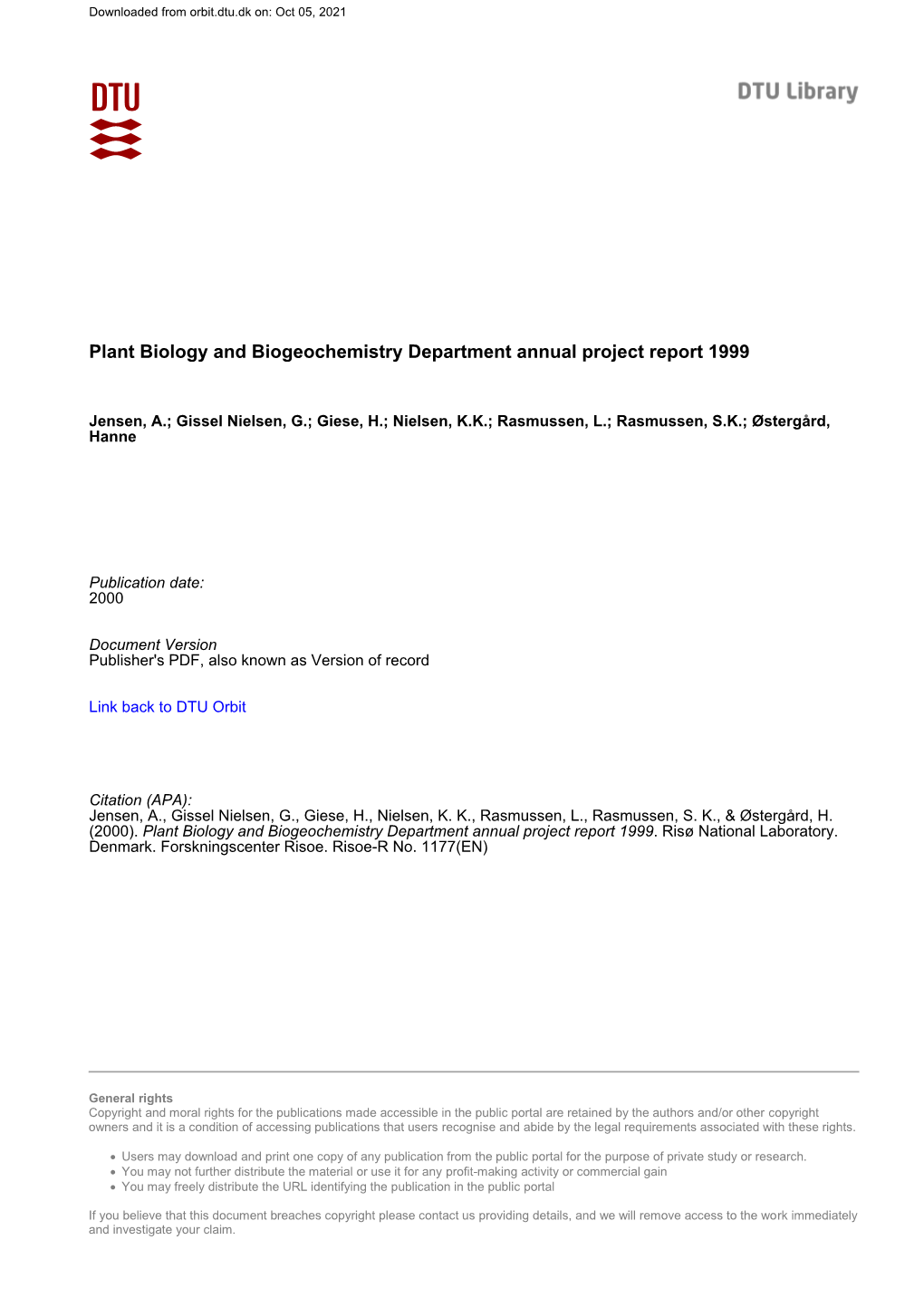 Plant Biology and Biogeochemistry Department Annual Project Report 1999