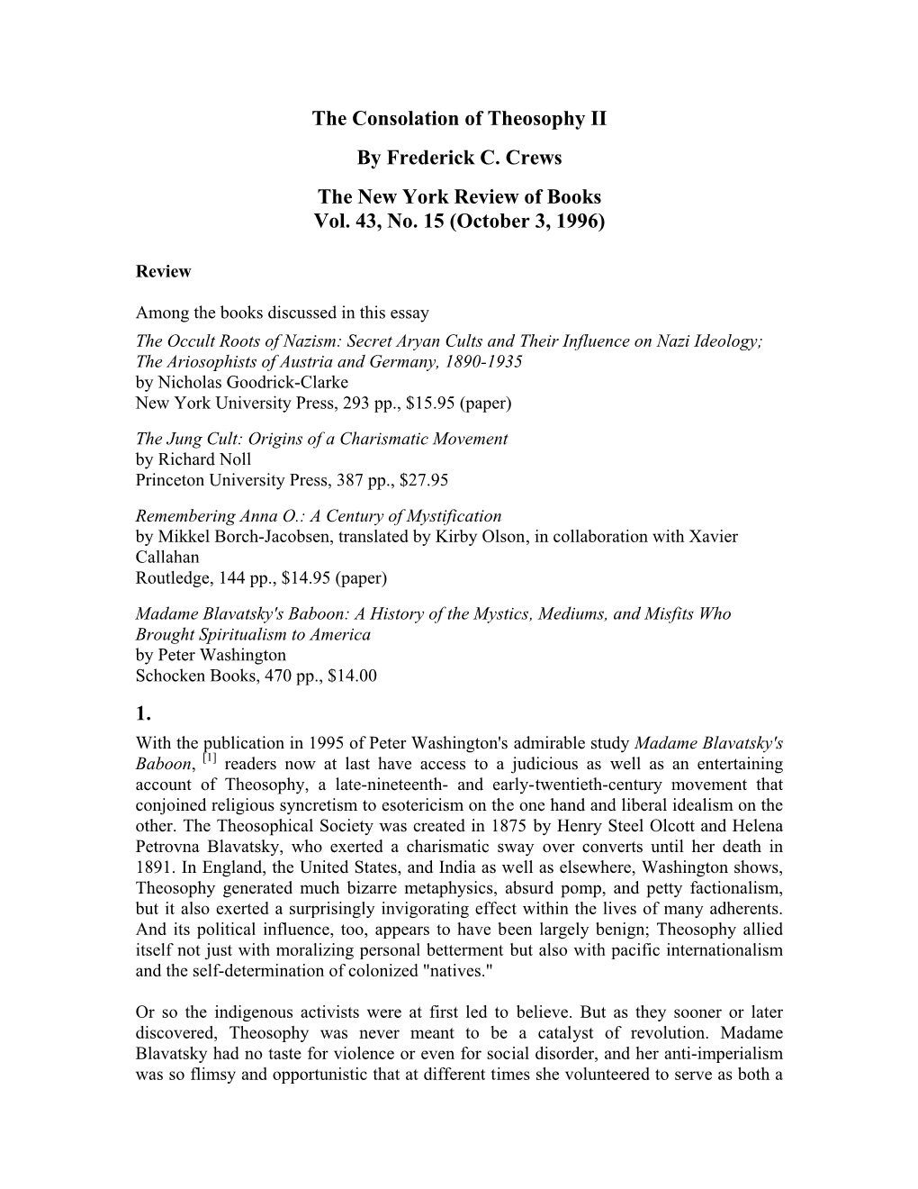 The Consolation of Theosophy II by Frederick C. Crews the New York Review of Books Vol