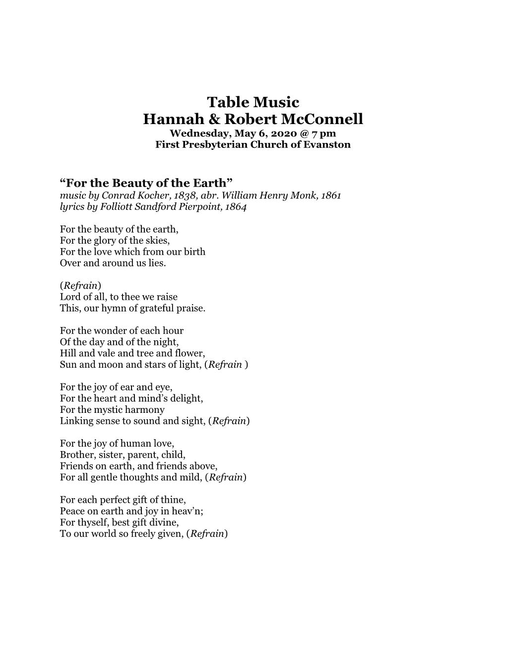 Table Music Hannah & Robert Mcconnell