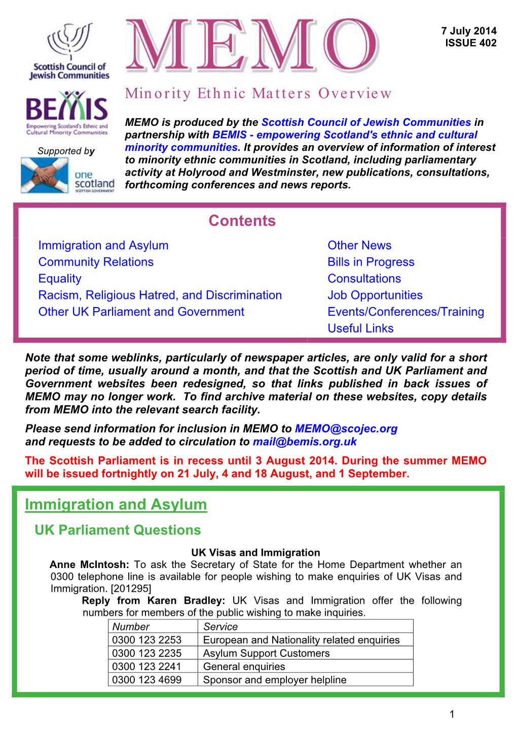 Minority Ethnic Matters Overview Contents