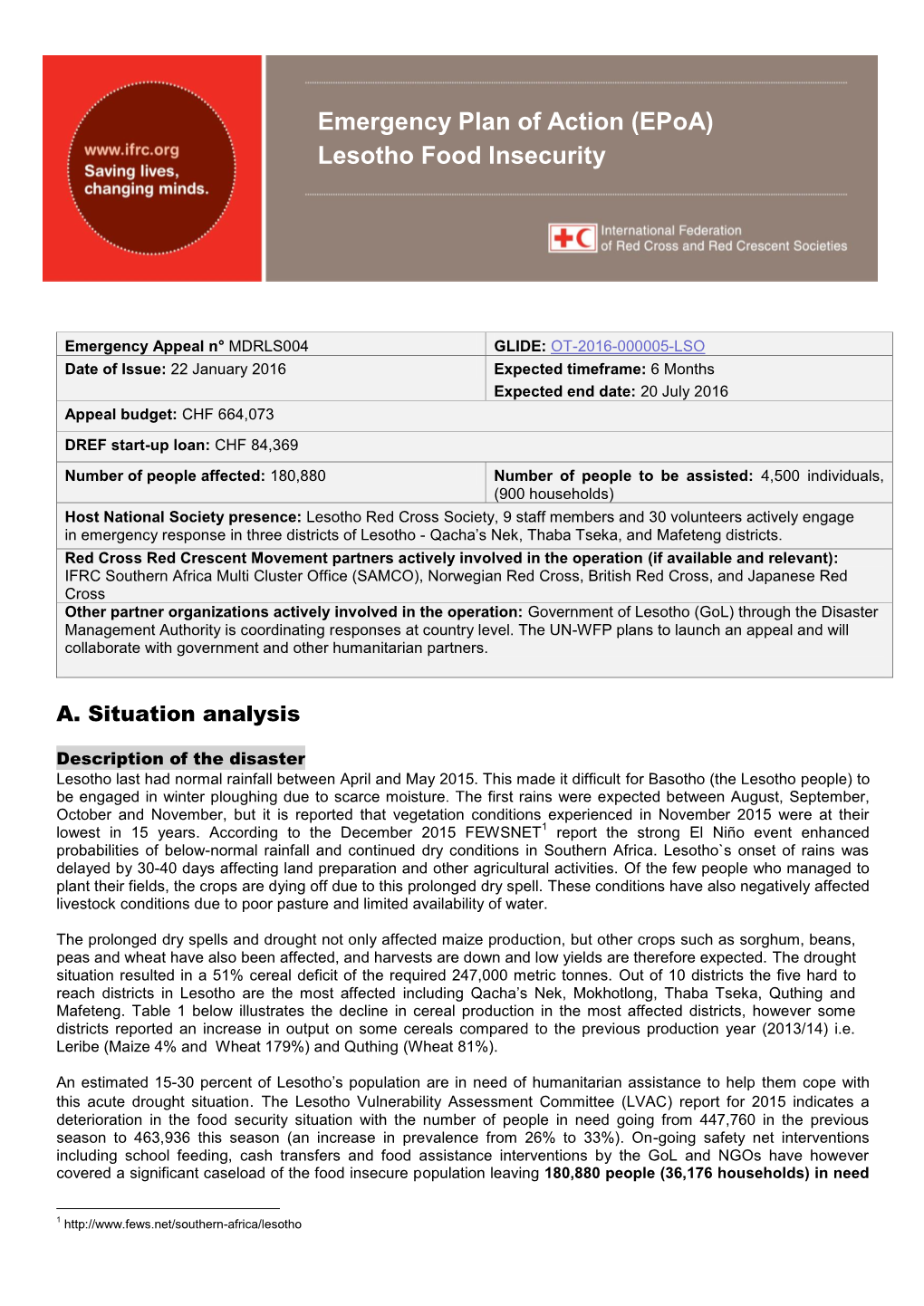 Emergency Plan of Action (Epoa) Lesotho Food Insecurity