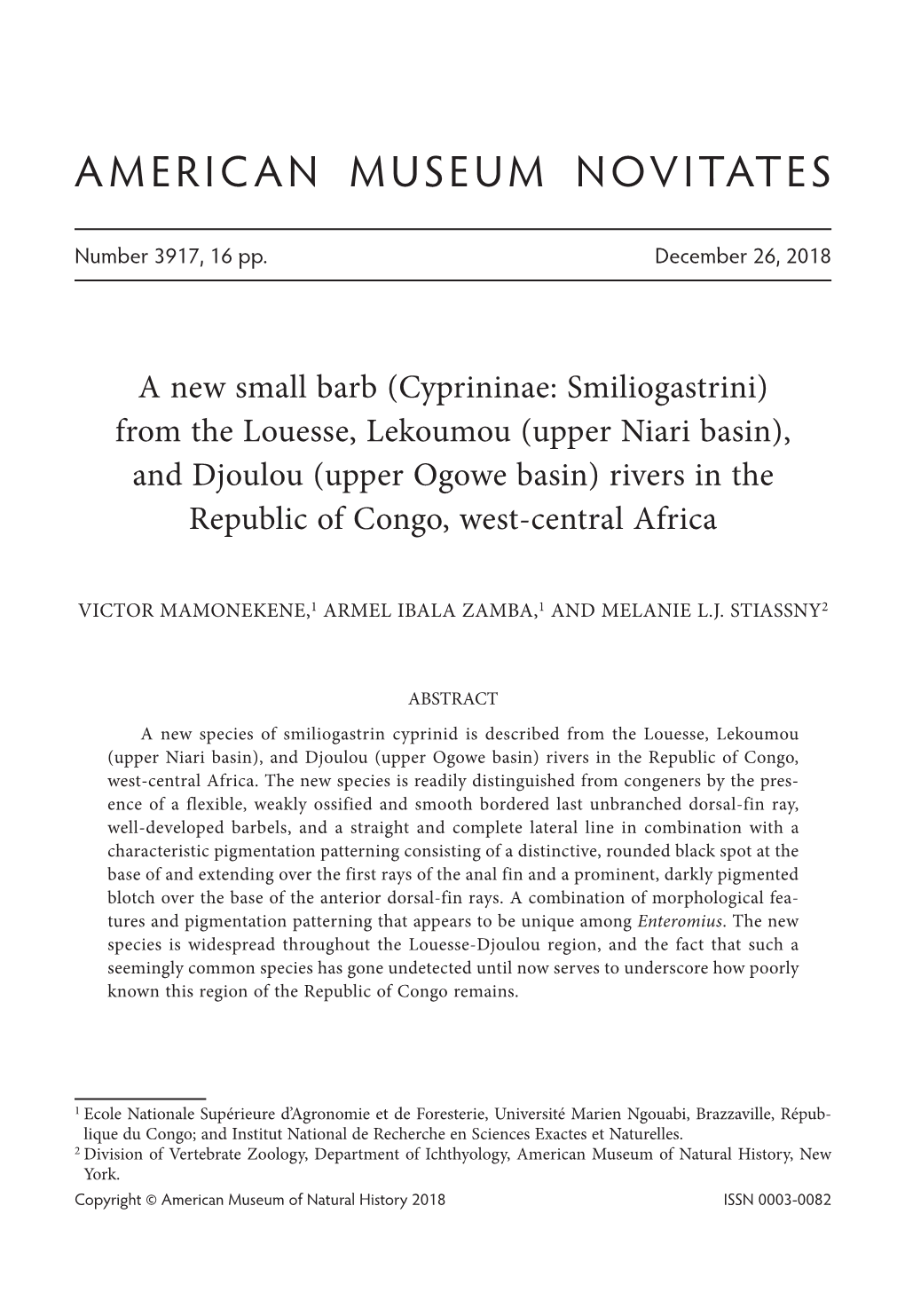 From the Louesse, Lekoumou (Upper Niari Basin), and Djoulou (Upper Ogowe Basin) Rivers in the Republic of Congo, West-Central Africa