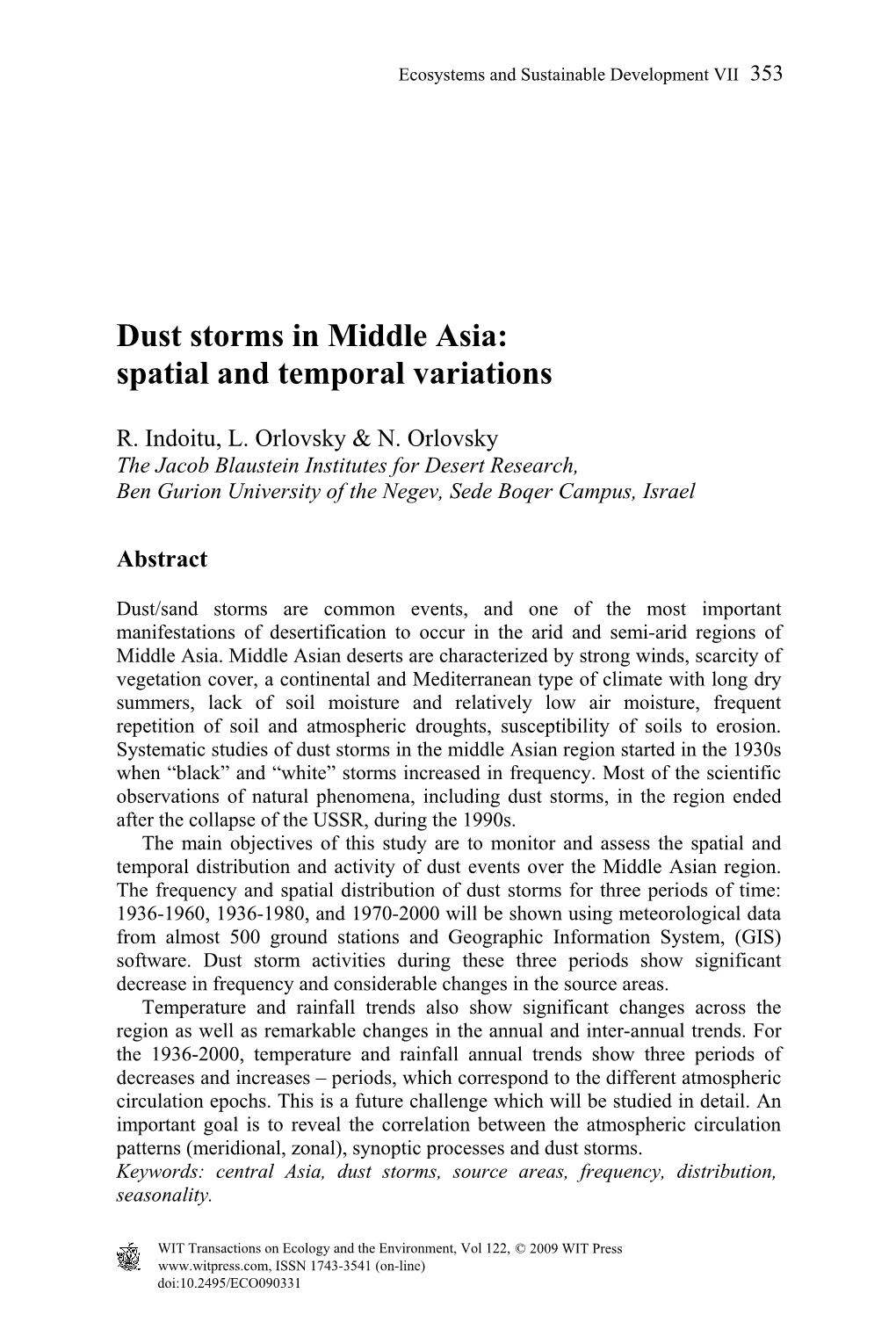 Dust Storms in Middle Asia: Spatial and Temporal Variations