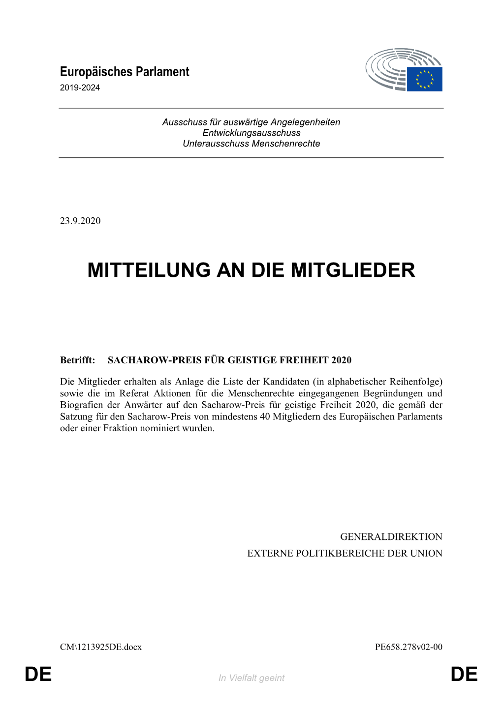 De De Mitteilung an Die Mitglieder