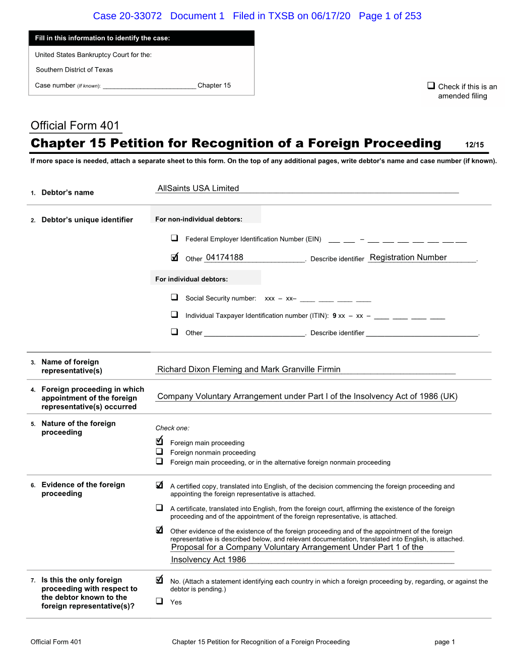 Chapter 15 Petition for Recognition of a Foreign Proceeding 12/15 If More Space Is Needed, Attach a Separate Sheet to This Form