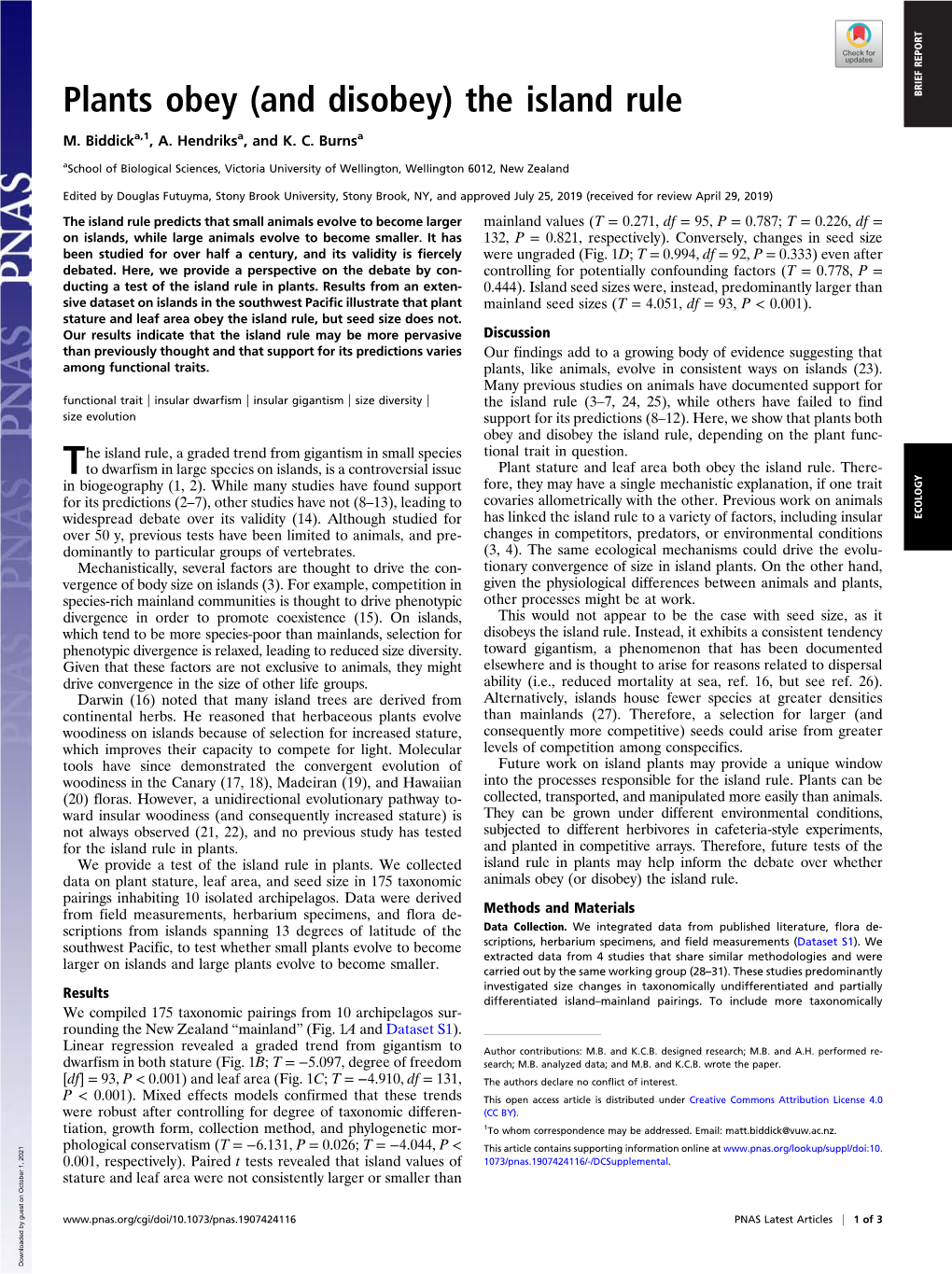 Plants Obey (And Disobey) the Island Rule BRIEF REPORT