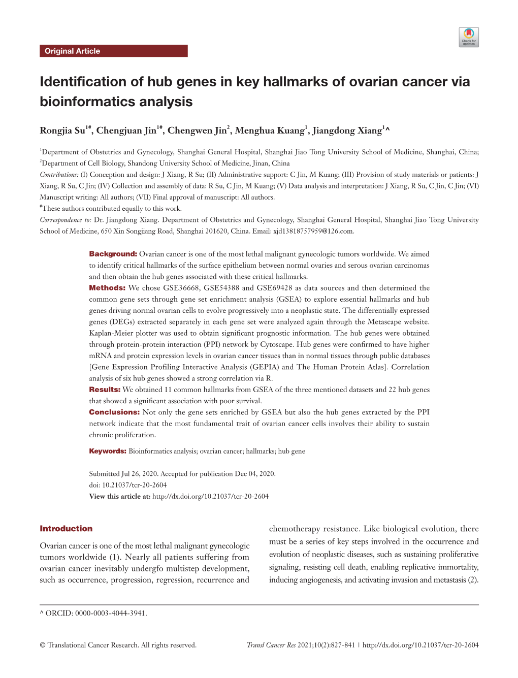 Identification of Hub Genes in Key Hallmarks of Ovarian Cancer Via Bioinformatics Analysis