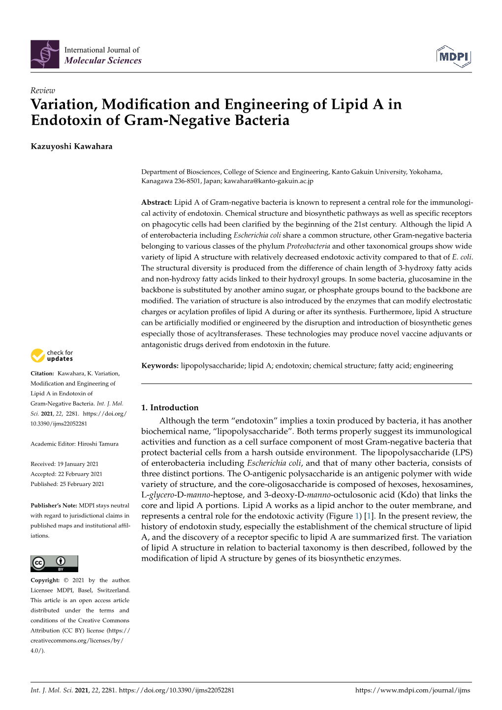 Variation, Modification and Engineering of Lipid a in Endotoxin