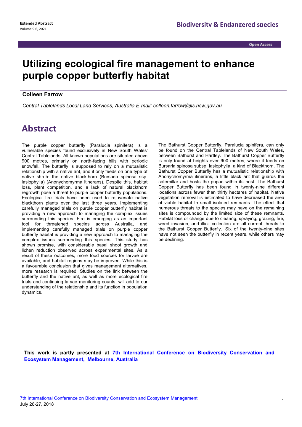 Utilizing Ecological Fire Management to Enhance Purple Copper Butterfly Habitat