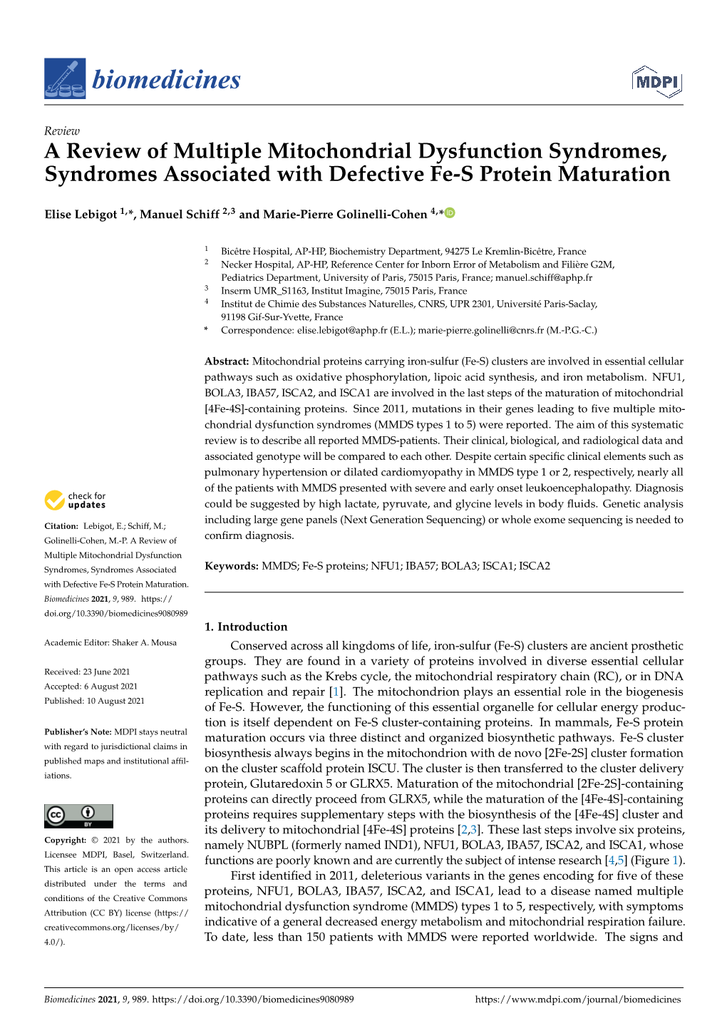 A Review of Multiple Mitochondrial Dysfunction Syndromes, Syndromes Associated with Defective Fe-S Protein Maturation