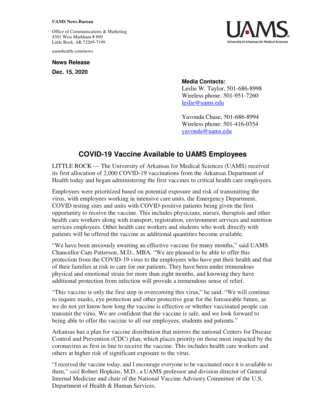 COVID-19 Vaccine Available to UAMS Employees