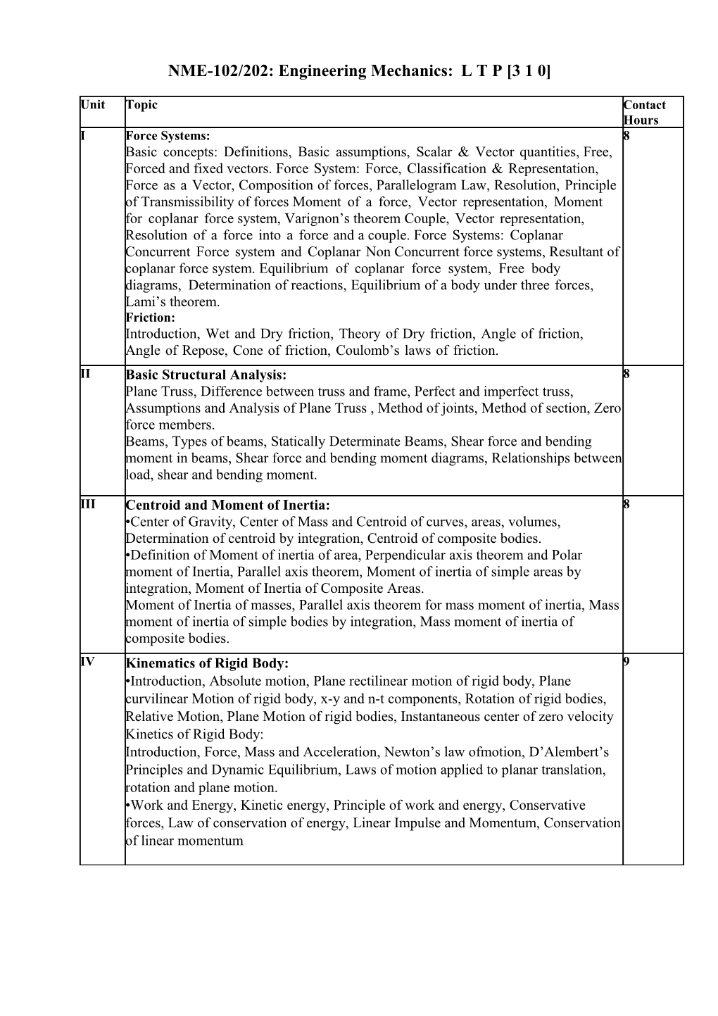 NME-102/202: Engineering Mechanics: L T P 3 1 0