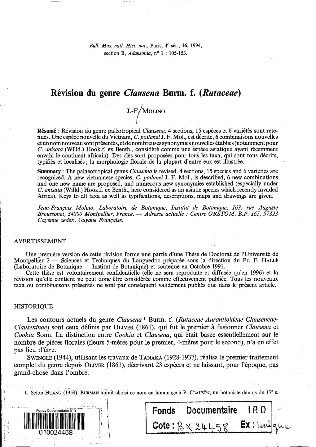 Révision Du Genre Clausena Burm. F. (Rutaceae) J.-Ff MOLINO