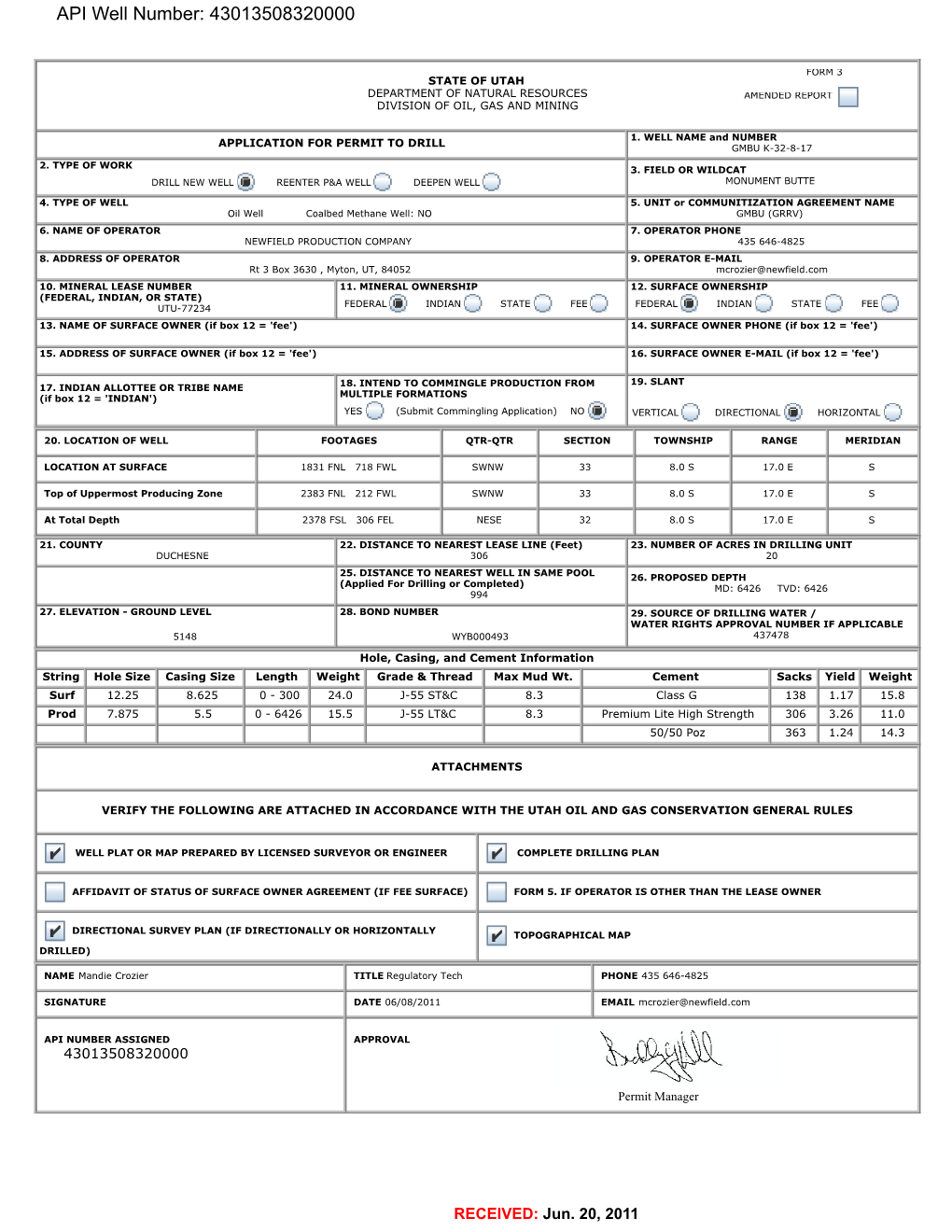 API Well Number: 4301350832000043013508320000 Lease Number: UTU-77234UTU-77234 Surface Owner: FEDERAL FEDERAL Approval Date: 6/20/20116/20/2011 Issued To