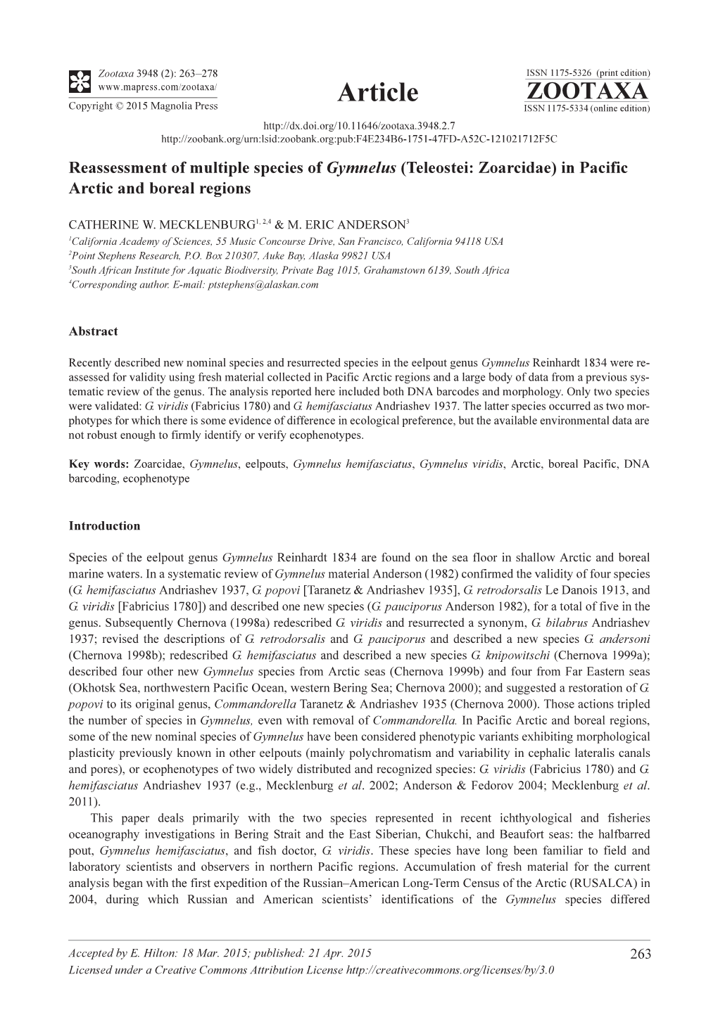 Reassessment of Multiple Species of Gymnelus (Teleostei: Zoarcidae) in Pacific Arctic and Boreal Regions