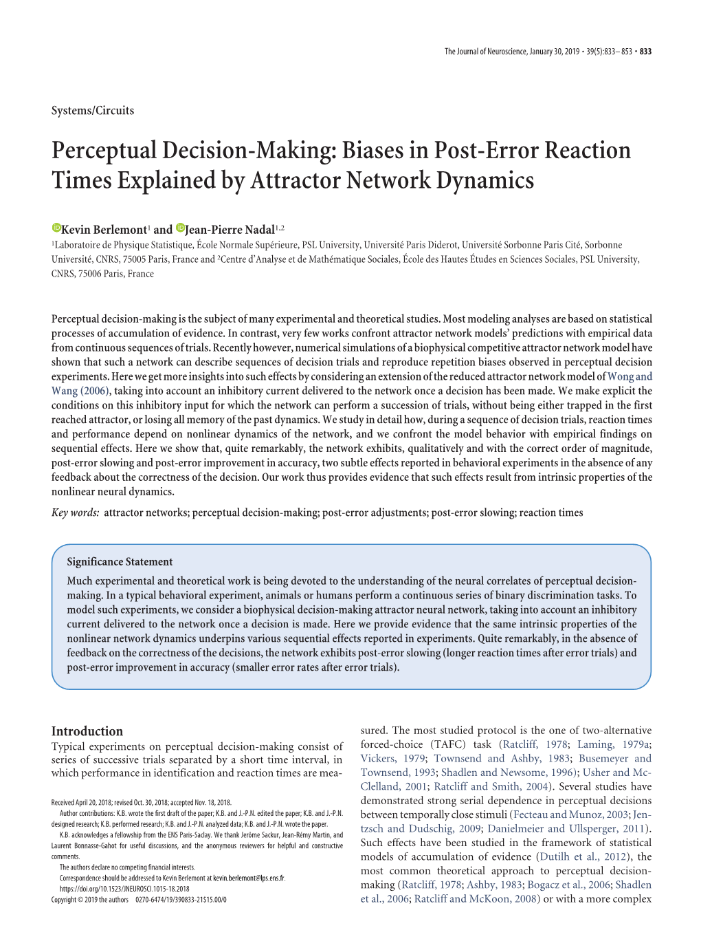 Perceptual Decision-Making: Biases in Post-Error Reaction Times Explained by Attractor Network Dynamics