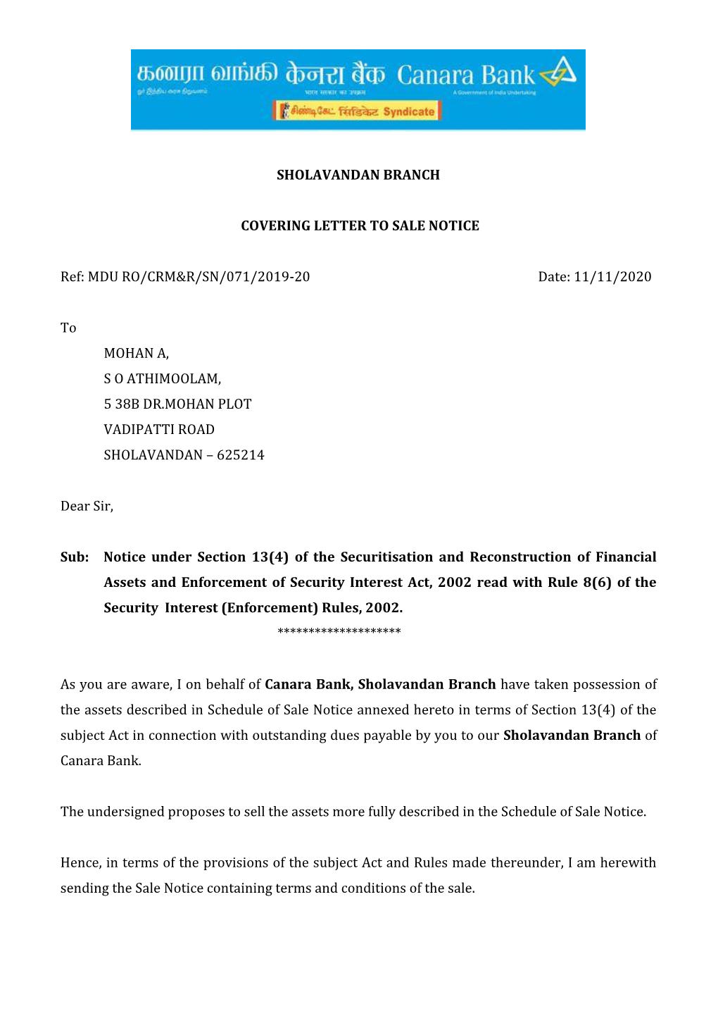 Sholavandan Branch Covering Letter to Sale