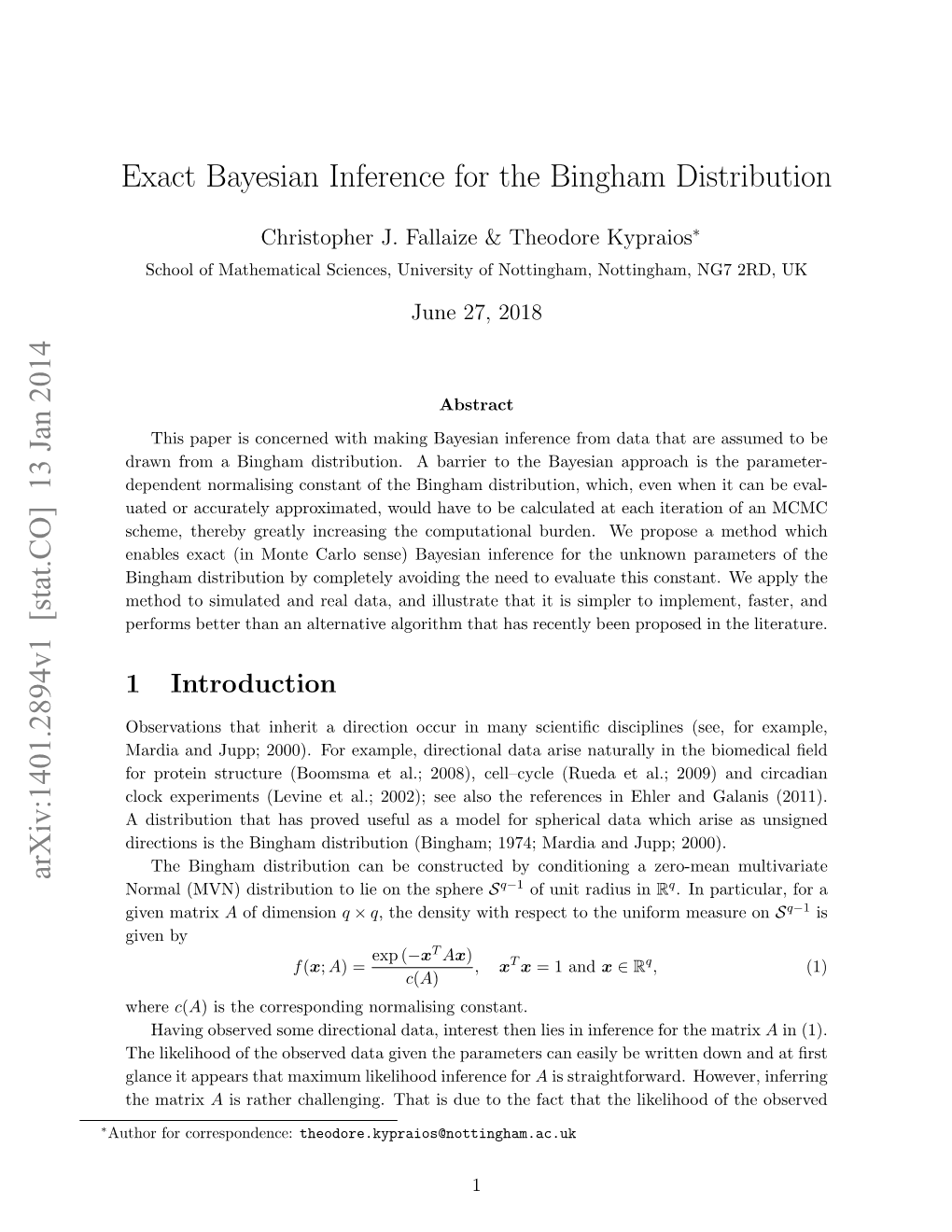 Exact Bayesian Inference for the Bingham Distribution