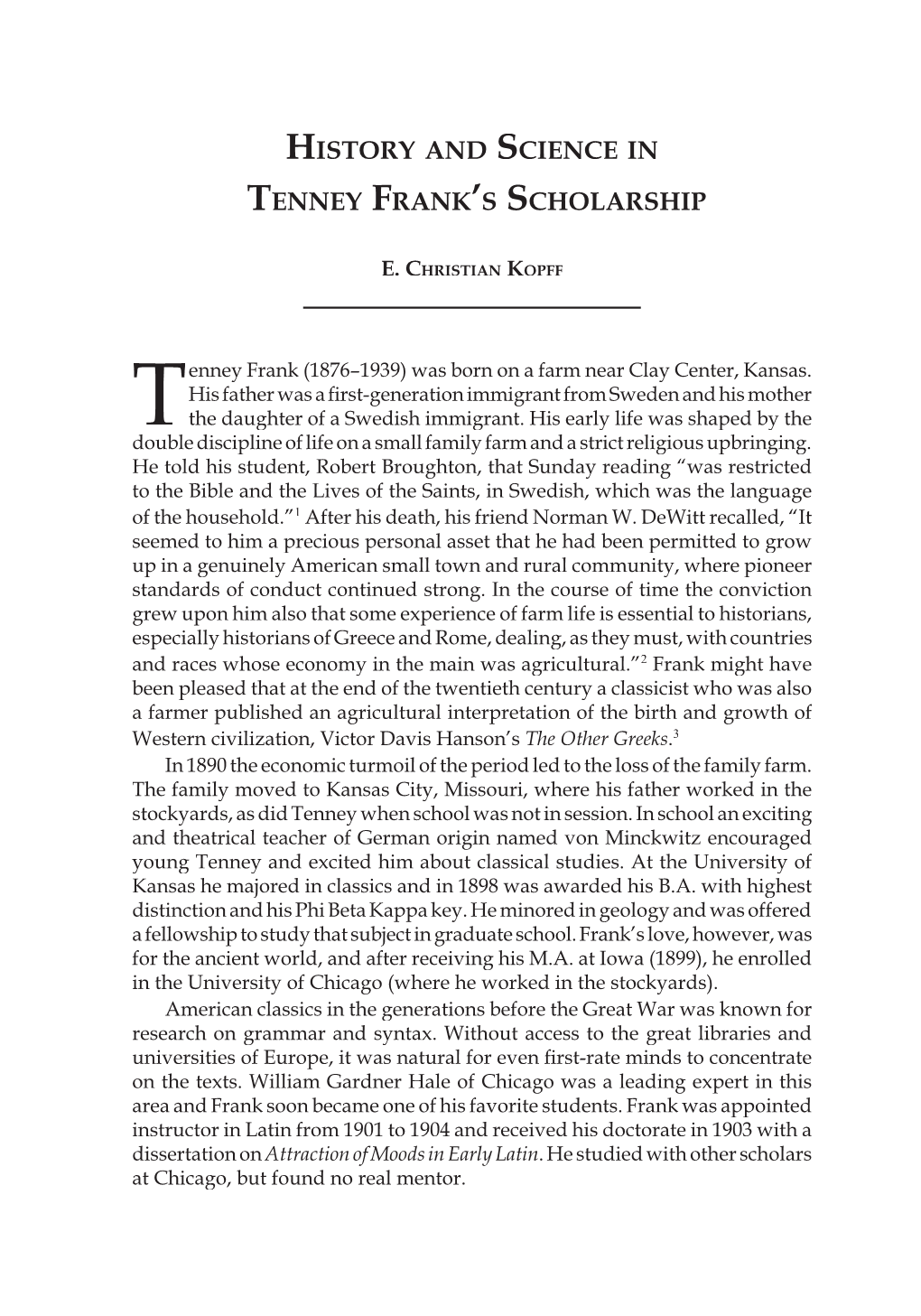 History and Science in Tenney Frank's Scholarship
