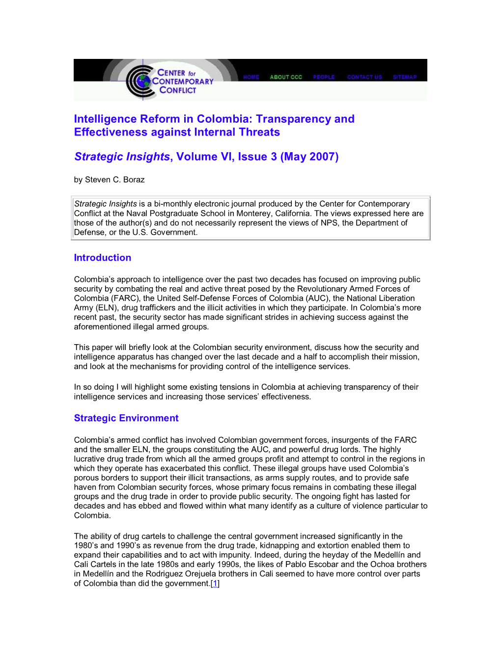 Intelligence Reform in Colombia: Transparency and Effectiveness Against Internal Threats -- Strategic Insights, Volume VI, Issue