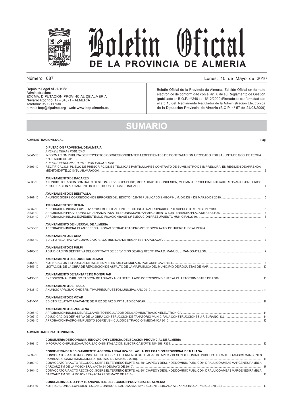 De La Provincia De Almeria Sumario