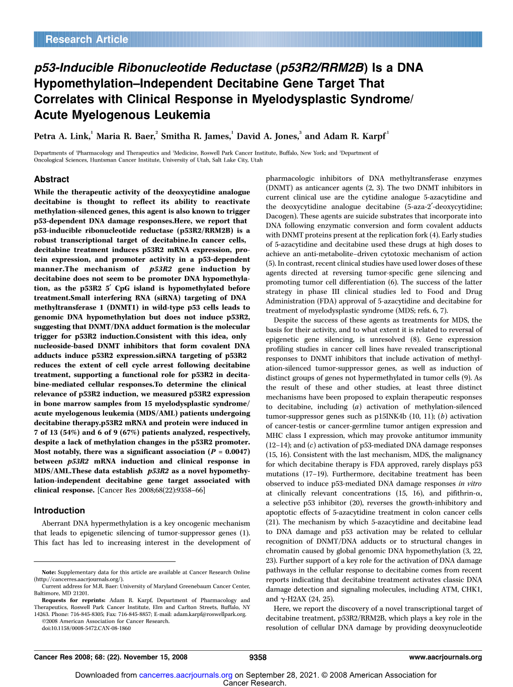 P53-Inducible Ribonucleotide Reductase (P53r2/RRM2B) Is a DNA Hypomethylation–Independent Decitabine Gene Target That Correlat