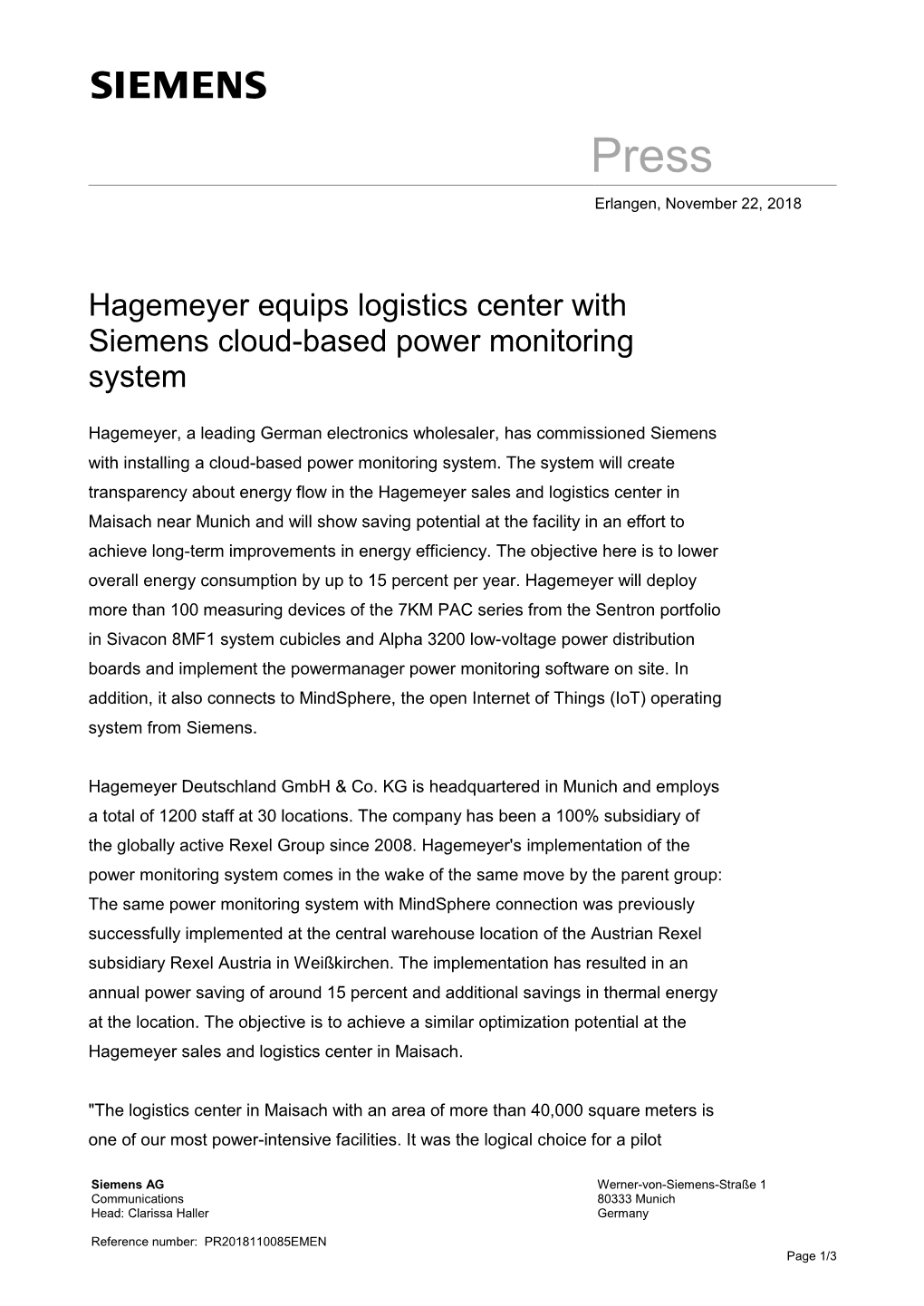 Hagemeyer Equips Logistics Center with Siemens Cloud-Based Power Monitoring System