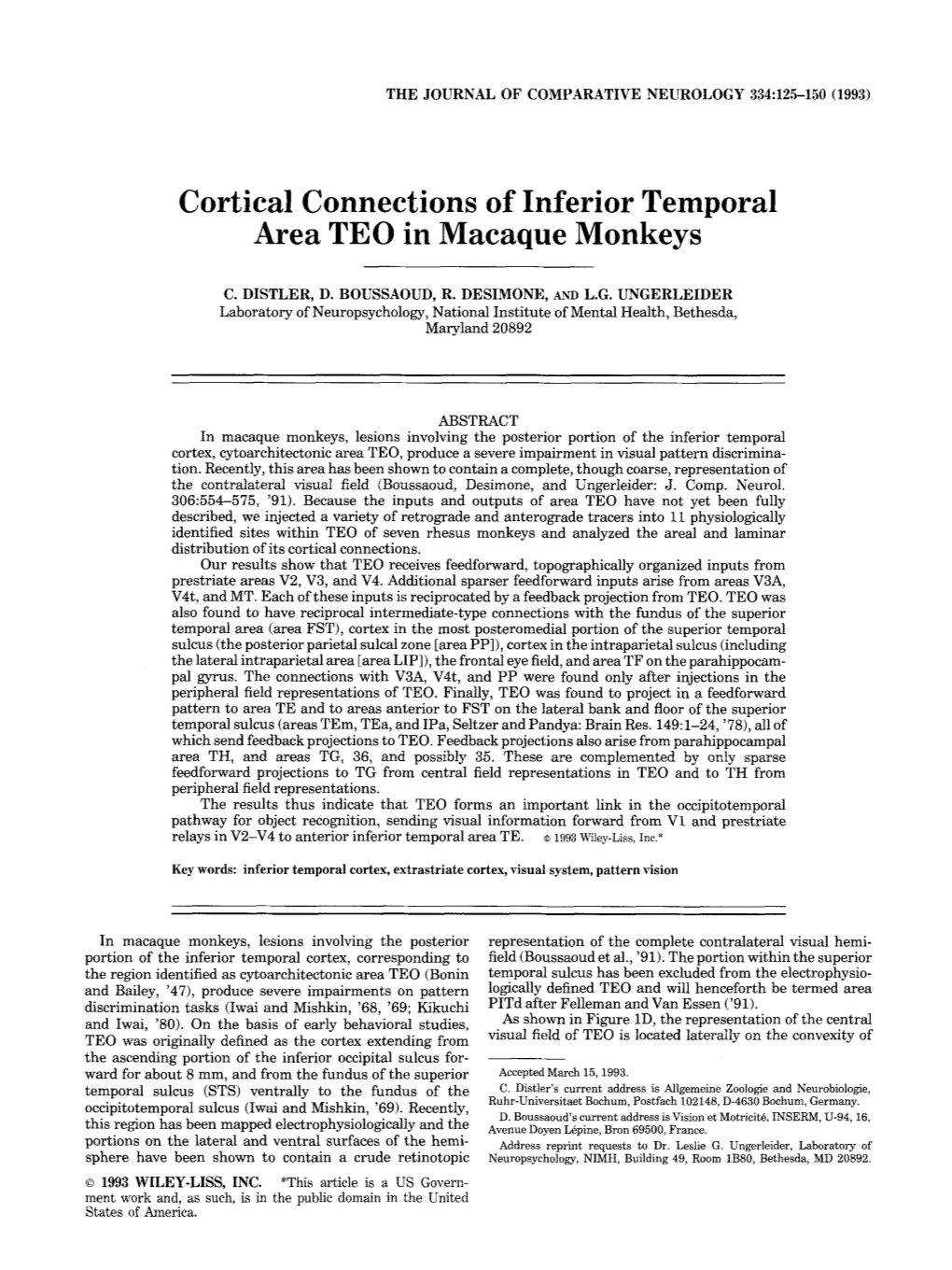 Cortical Connections of Inferior Temporal Area TEO in Macaque Monkeys