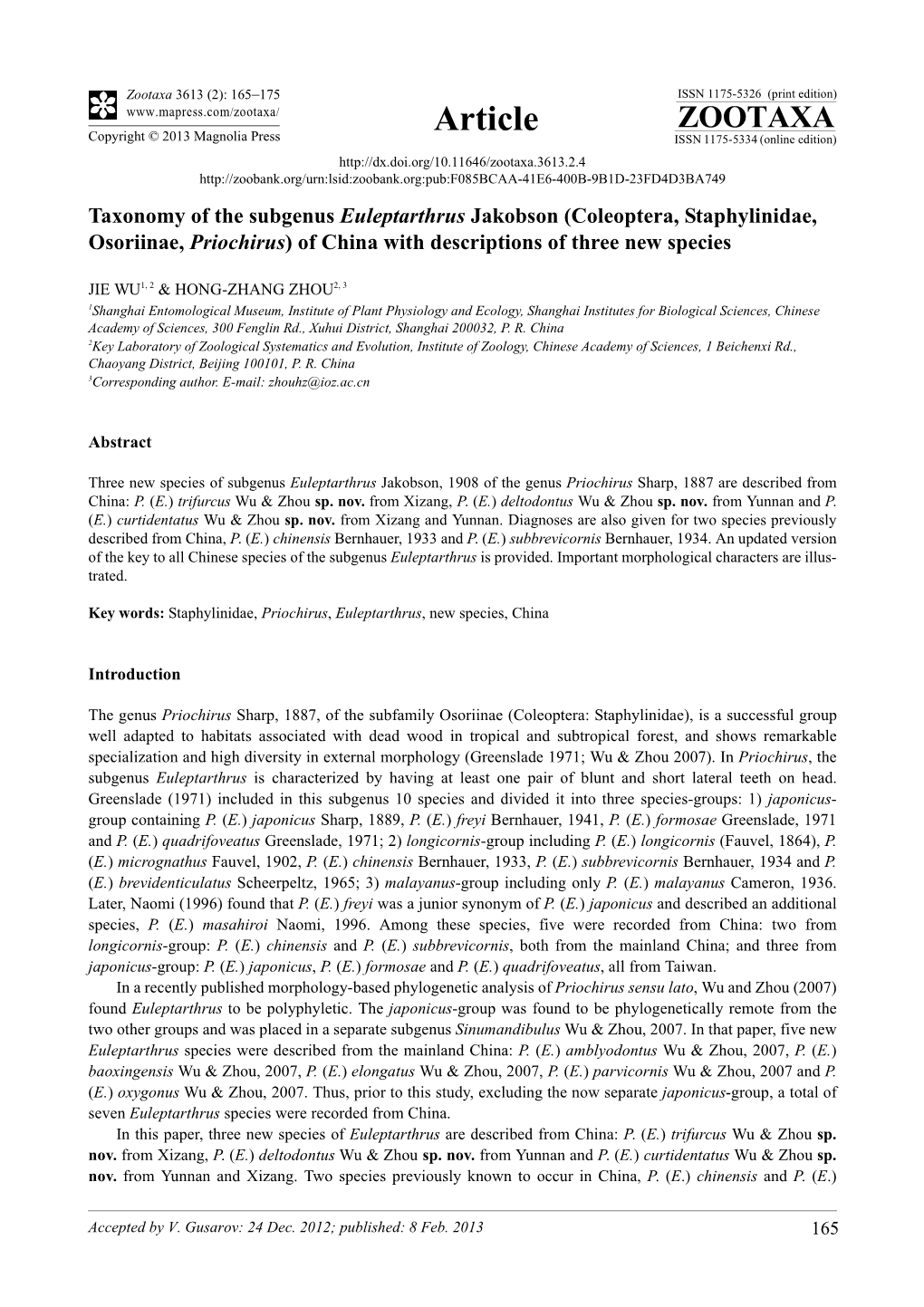 Taxonomy of the Subgenus Euleptarthrus Jakobson (Coleoptera, Staphylinidae, Osoriinae, Priochirus) of China with Descriptions of Three New Species