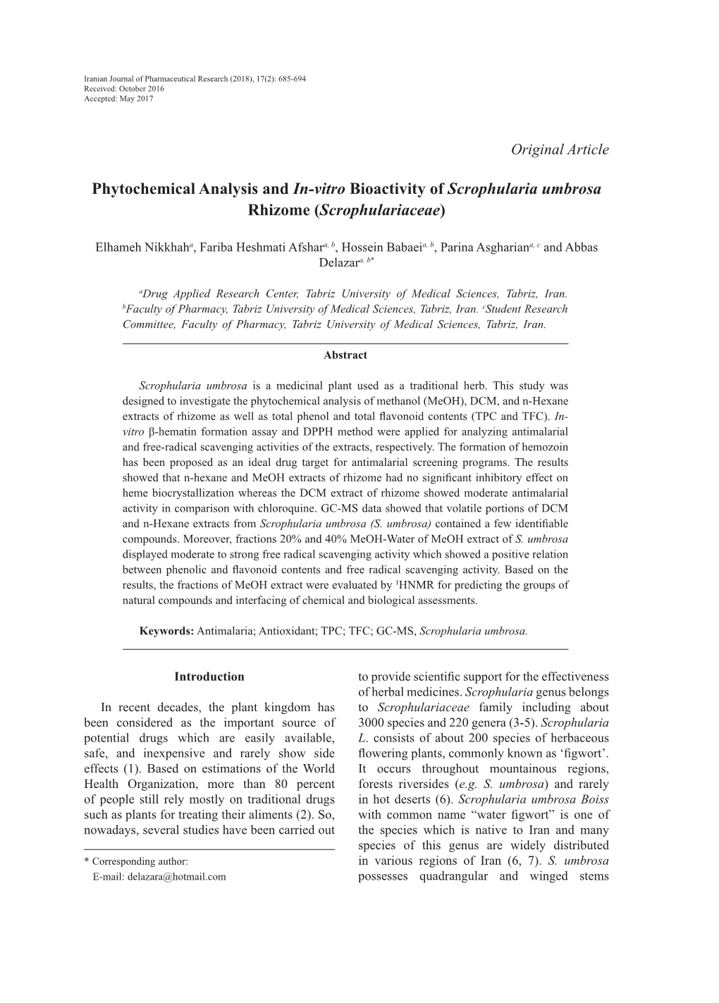 Phytochemical Analysis and In-Vitro Bioactivity of Scrophularia Umbrosa Rhizome (Scrophulariaceae)