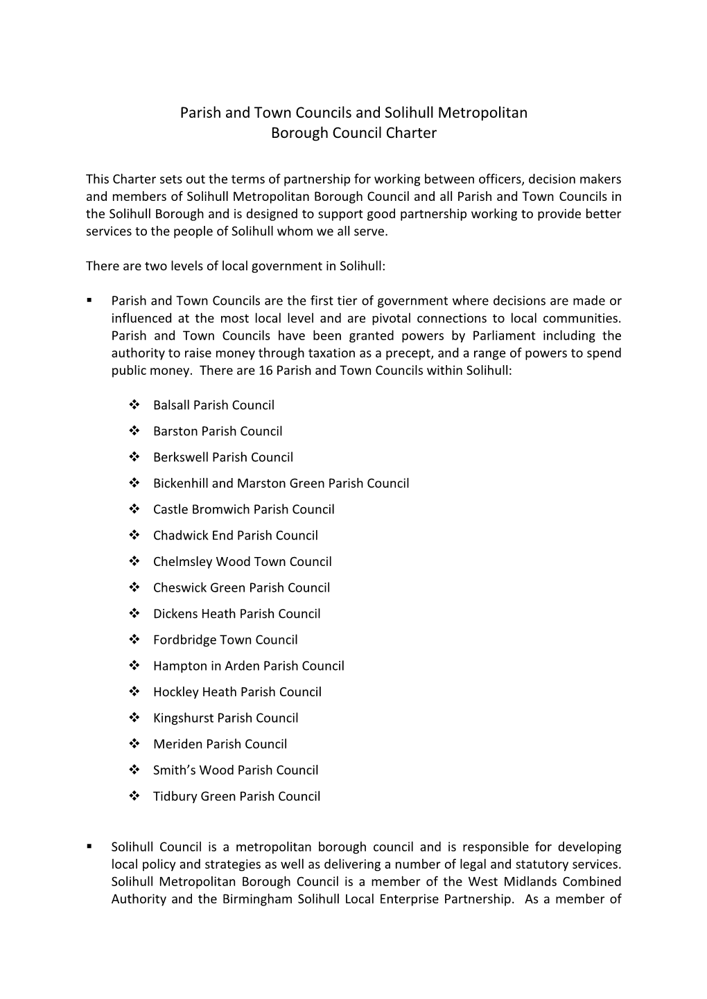 Parish and Town Councils and Solihull Metropolitan Borough Council Charter