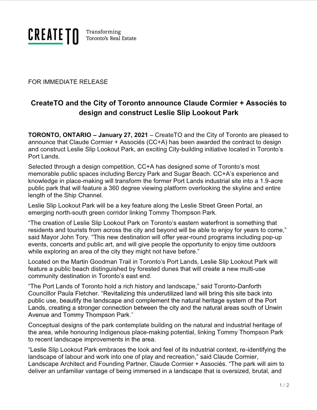 Createto and the City of Toronto Announce Claude Cormier + Associés to Design and Construct Leslie Slip Lookout Park