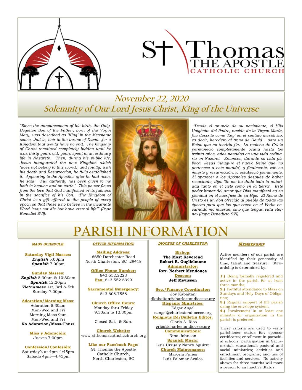 Parish Information Mass Schedule: Office Information: Diocese of Charleston: Membership