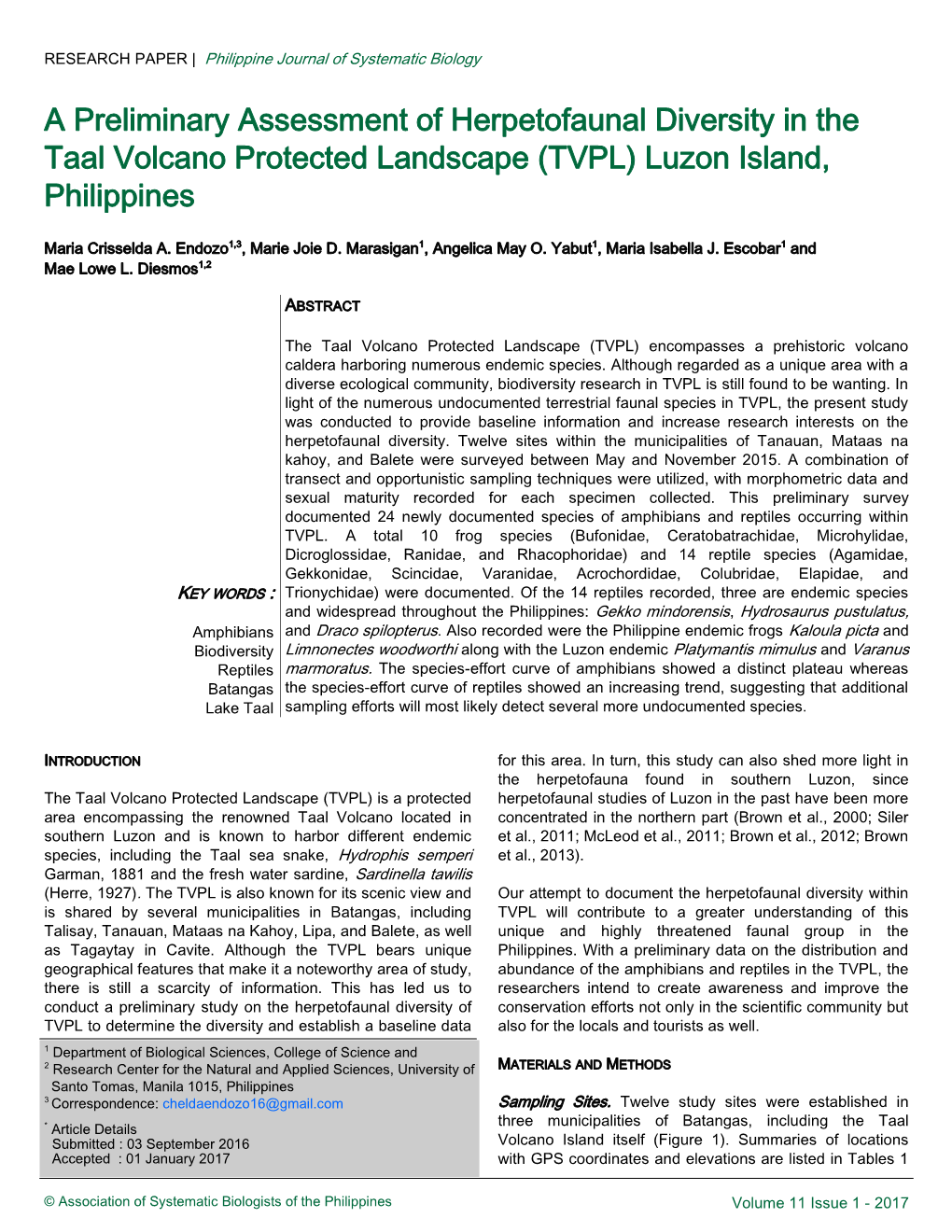 A Preliminary Assessment of Herpetofaunal Diversity in the Taal Volcano Protected Landscape (TVPL) Luzon Island, Philippines