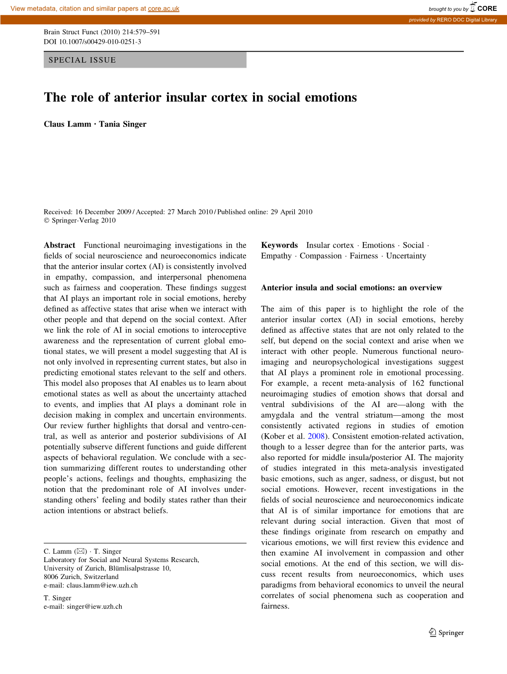 The Role of Anterior Insular Cortex in Social Emotions
