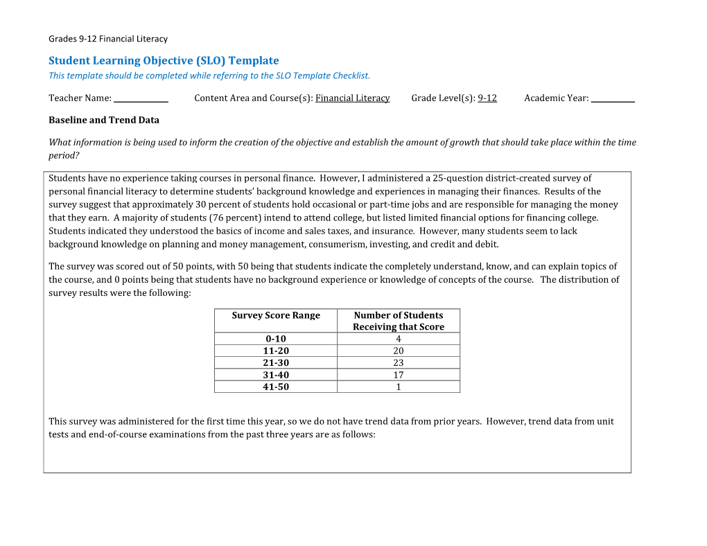 Financial Literacy Student Learning Objective (SLO) Template This Template Should Be Completed While Referring to the SLO Template Checklist