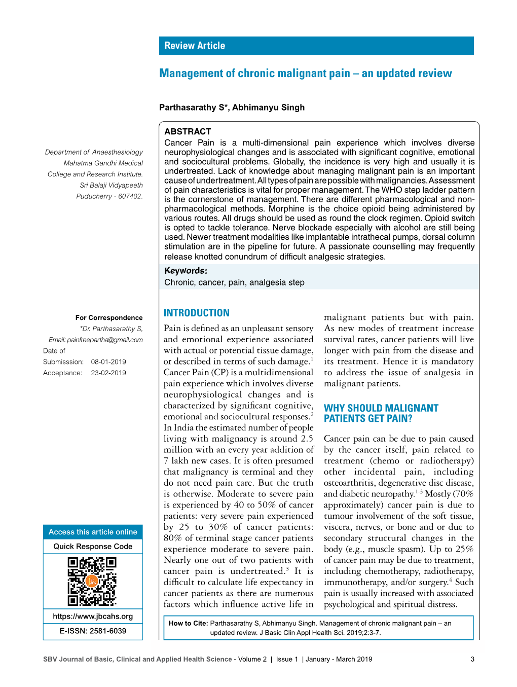 Management of Chronic Malignant Pain – an Updated Review