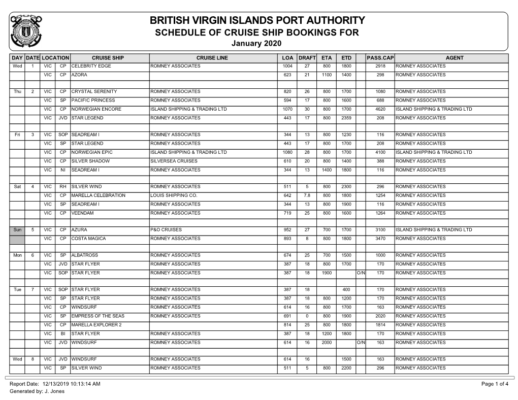 SCHEDULE of CRUISE SHIP BOOKINGS for January 2020
