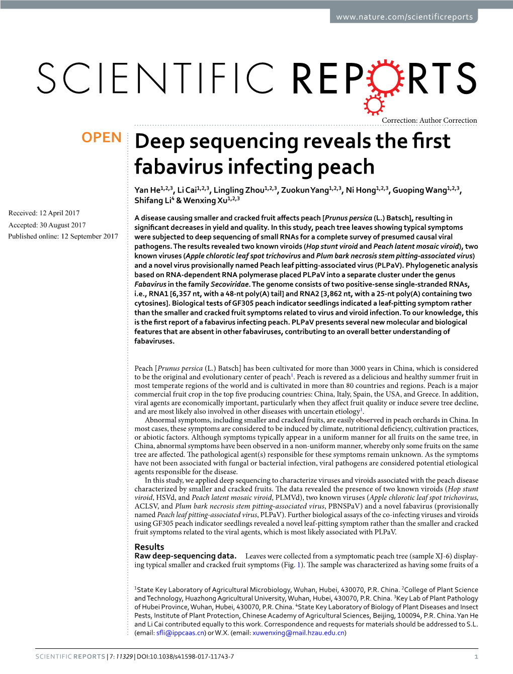 Deep Sequencing Reveals the First Fabavirus Infecting Peach