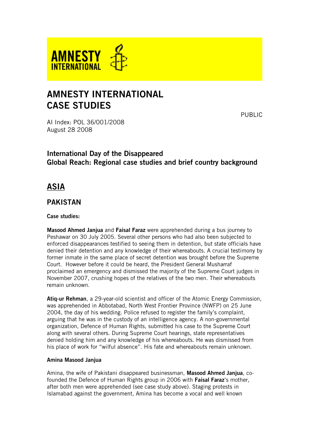 International Day of the Disappeared Global Reach: Regional Case Studies and Brief Country Background