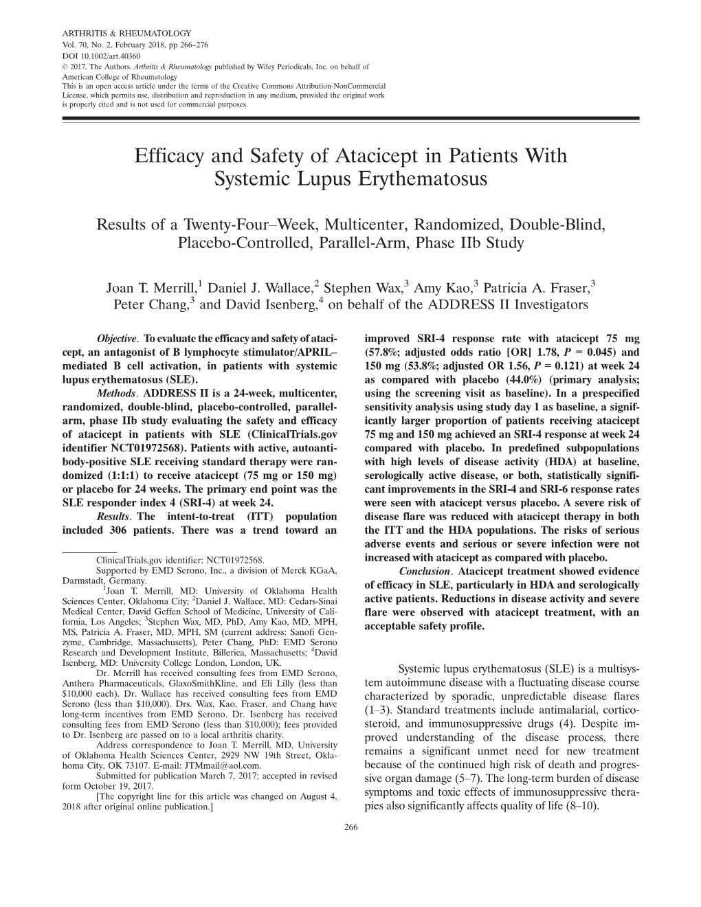 Efficacy and Safety of Atacicept in Patients with Systemic Lupus Erythematosus