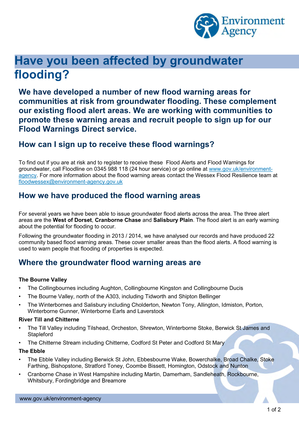 Flood Warning Areas for Communities at Risk from Groundwater Flooding