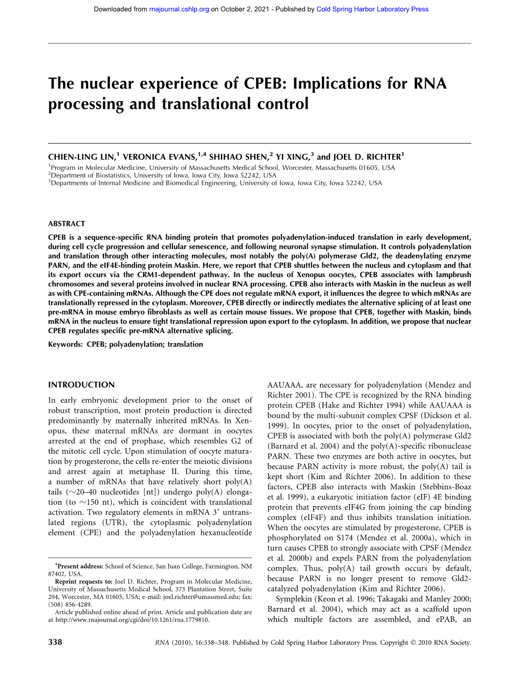 The Nuclear Experience of CPEB: Implications for RNA Processing and Translational Control