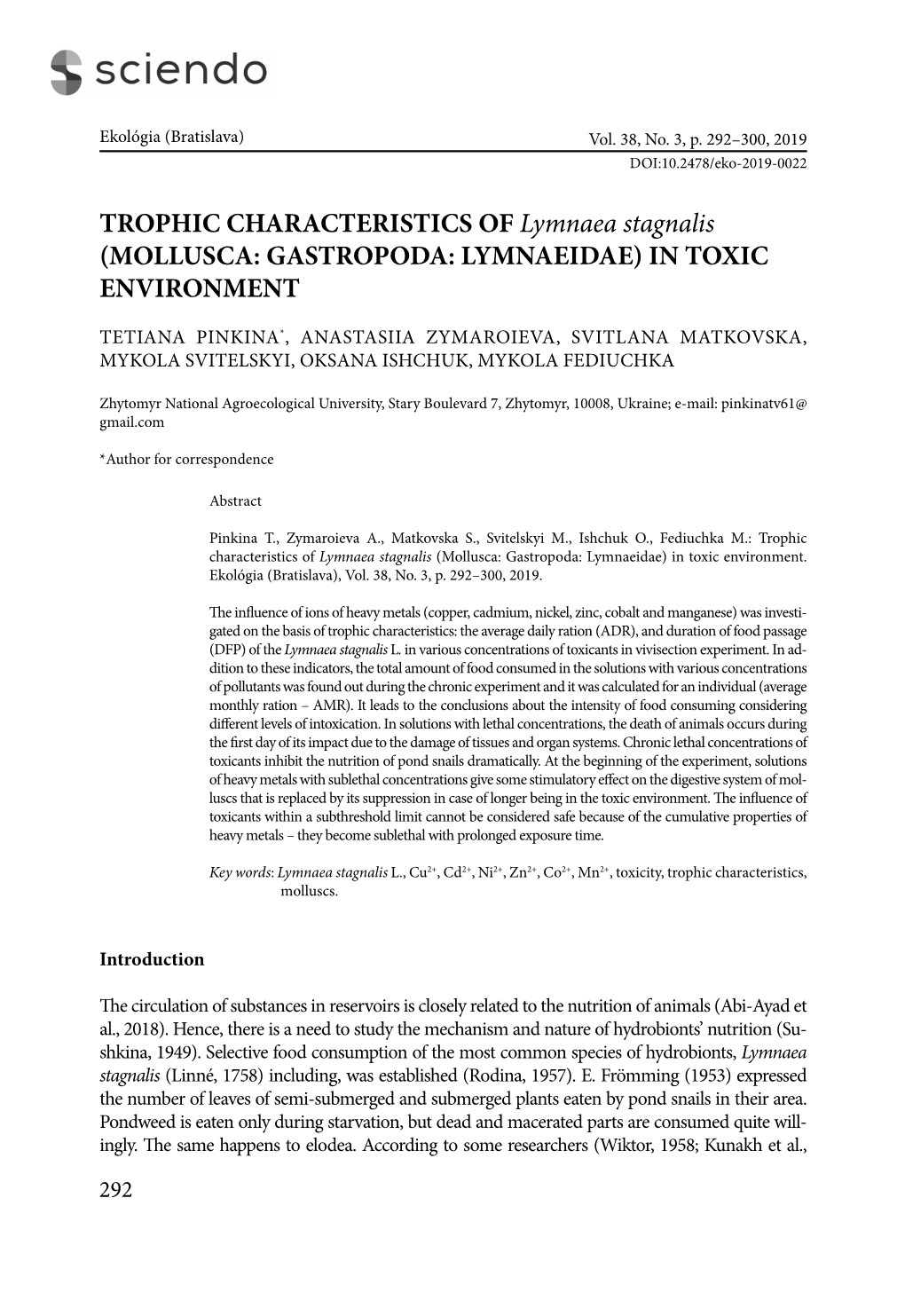 TROPHIC CHARACTERISTICS of Lymnaea Stagnalis (MOLLUSCA: GASTROPODA: LYMNAEIDAE) in TOXIC ENVIRONMENT