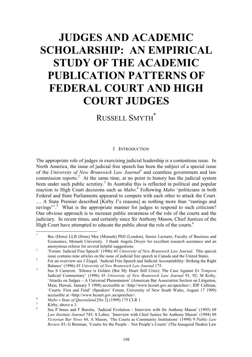 An Empirical Study of the Academic Publication Patterns of Federal Court and High Court Judges