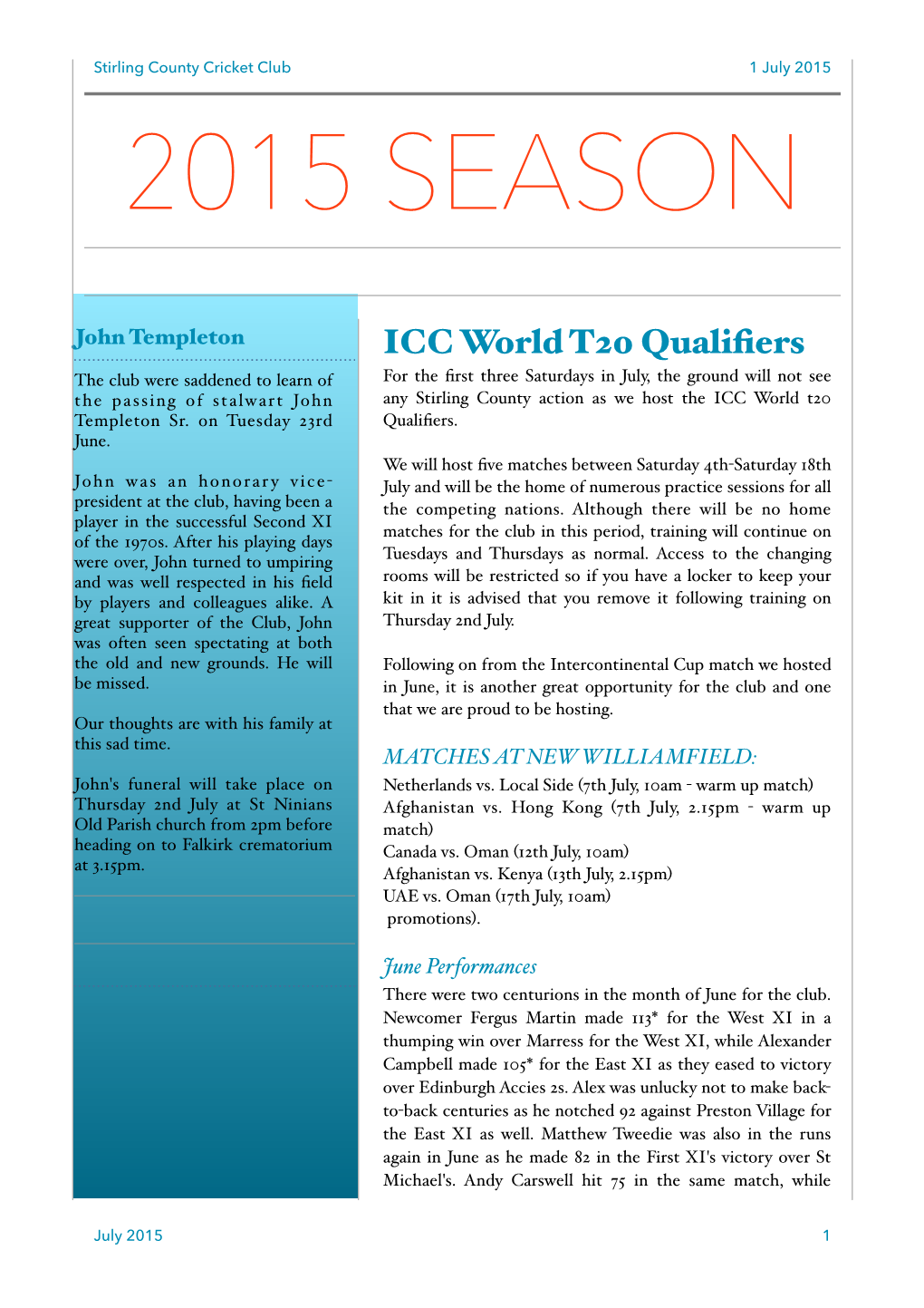 July 2015 Newsletter